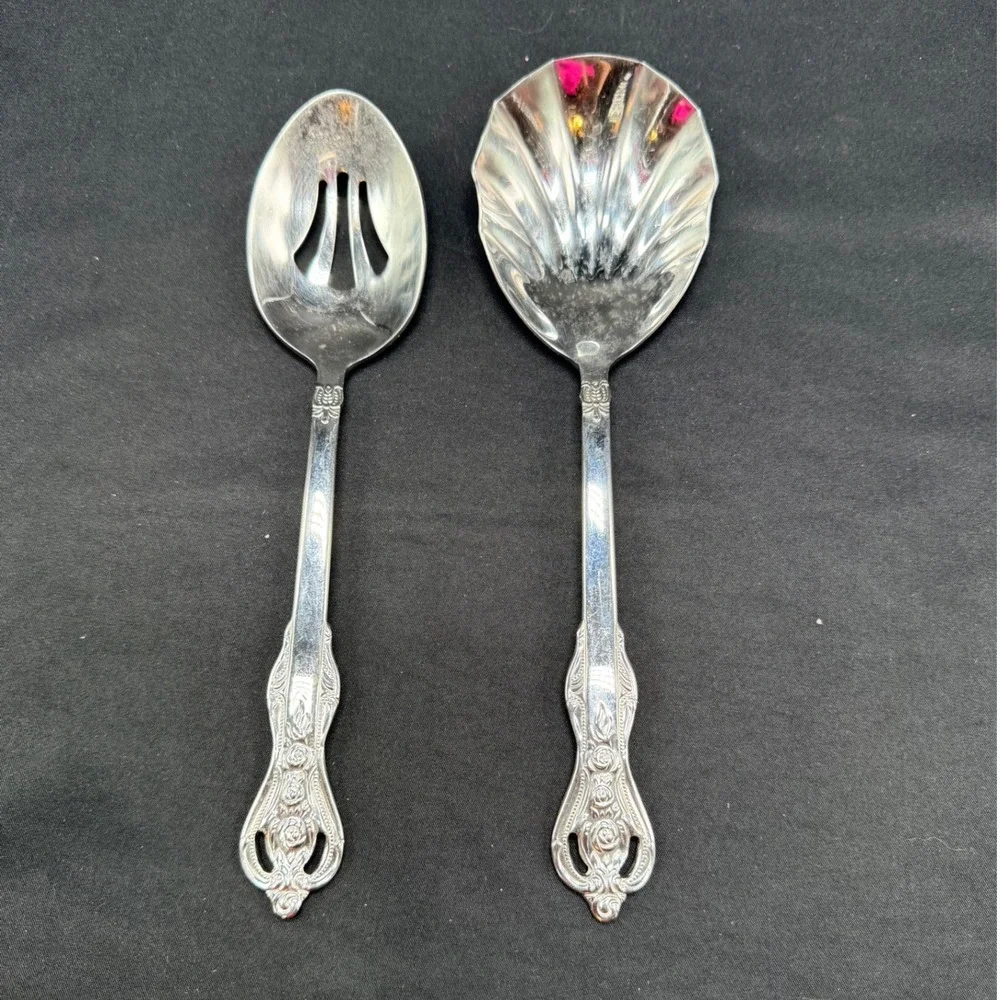 Heritage Mint Ltd 18/10 Stainless Steel Rose Serving Set Slotted Shell Spoon 2pc